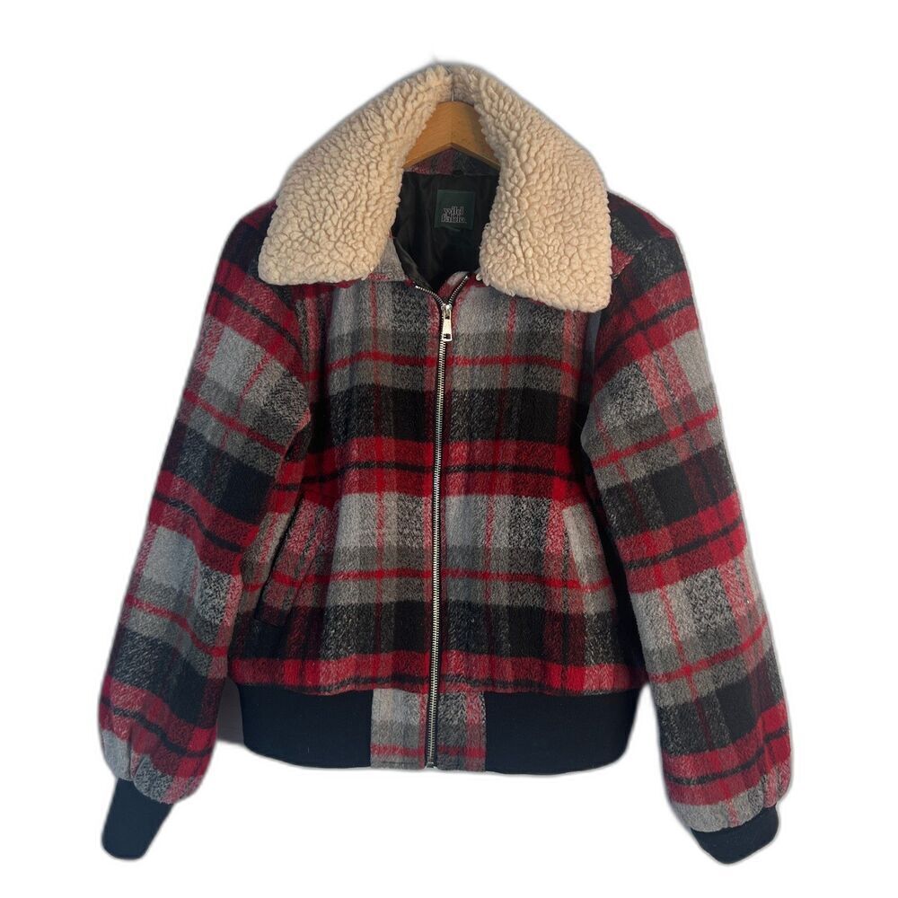 Wild Fable Buffalo Red Plaid Faux Fur Collar Preppy Zip Up Wool‎ Blend Jacket MD